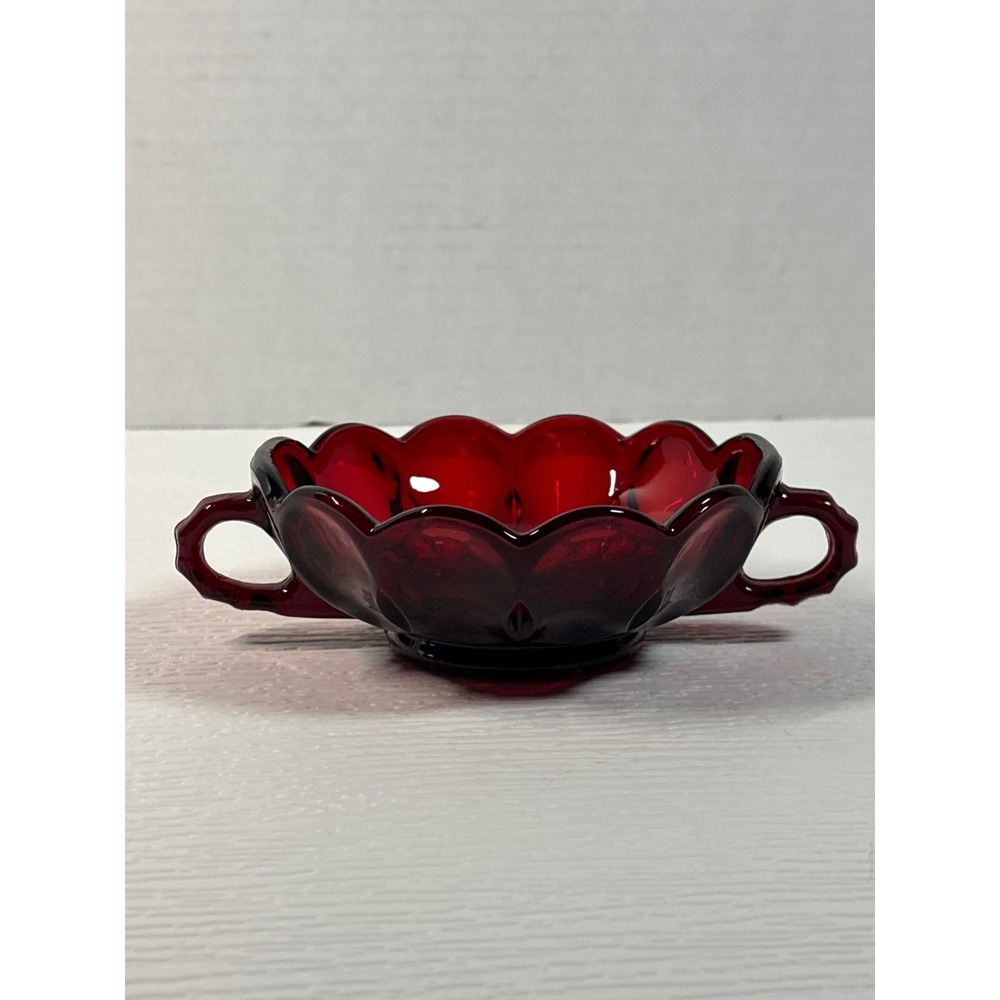 Vintage Ruby Red Glass Bon Bon Dish Scalloped Double Handle Bowl 6in S0152